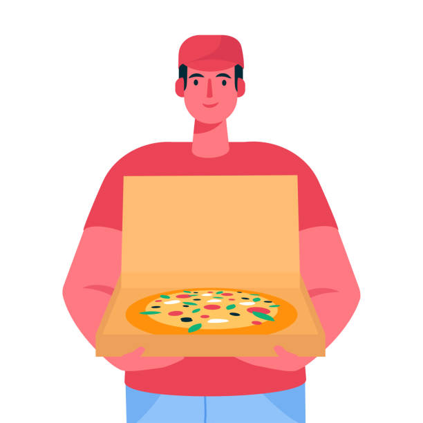 pizza-lieferant hält offenen karton mit pizza in lieferauftrag. schneller kurier. restaurant-essen-service. vektor-illustration in cartoon flachen stil - pizza delivering running men stock-grafiken, -clipart, -cartoons und -symbole