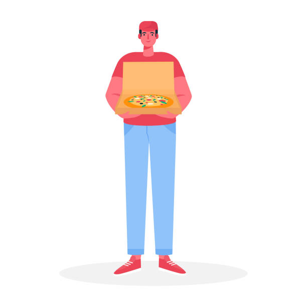 pizza-lieferant hält offenen karton mit pizza in lieferauftrag. schneller kurier. restaurant-essen-service. vektor-illustration in cartoon flachen stil - pizza delivering running men stock-grafiken, -clipart, -cartoons und -symbole