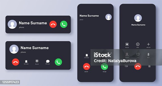 istock Mockup incoming call, voicemail screen, smartphone interface vector template. Flat UI, UX for application. New Call screen template. Web app display template. Vector illustration 1255917423