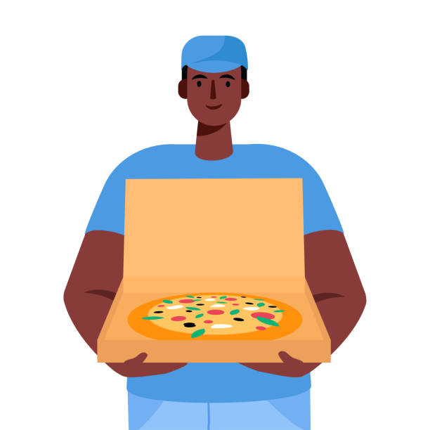 pizza-lieferant hält offenen karton mit pizza in lieferauftrag. schneller kurier. restaurant-essen-service. vektor-illustration in cartoon flachen stil - pizza delivering running men stock-grafiken, -clipart, -cartoons und -symbole