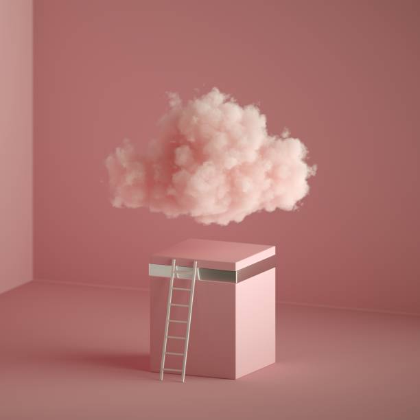 rendering 3d di una nuvola soffice, scala vicino al piedistallo cubico, interno minimo della stanza. oggetti isolati su sfondo rosa pastello, concetto di moda fantasy, design minimal moderno, metafora astratta. - ideas concepts ladder cloud foto e immagini stock