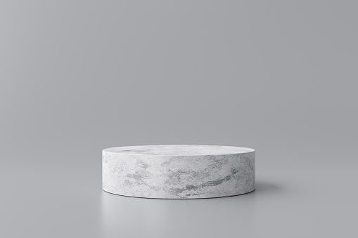Pantalla de producto de mármol blanco sobre fondo gris con estudio de fondos modernos. Pedestal vacío o plataforma de podio. Renderizado 3D. photo