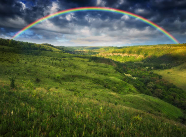 istock Beautiful landscape with a rainbow in the sky 1255919305