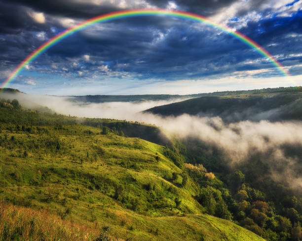 istock Beautiful landscape with a rainbow in the sky 1255920016
