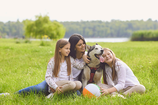 Daughter mother and husky dog in close-up sitting on grass smiling happy at the weekend in summer park. Happy family with dog pet outdoors