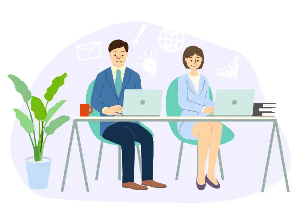 Vector illustration of Male and female businessman white background working on a computer