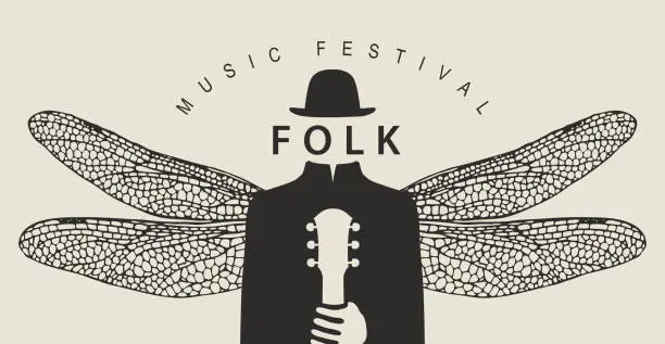 Vector illustration of folk music festival poster with a winged person