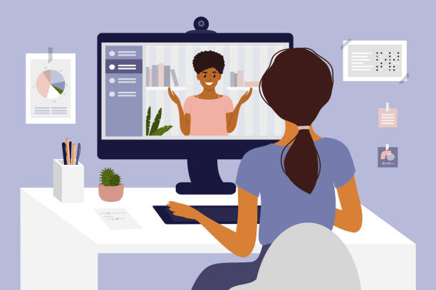 Young woman making video call through computer Online courses, studying or education. Video call, networking or conference by computer. Team work, talking with partner. Hiring, job interview, employment. Home office, work place vector illustration work from home stock illustrations