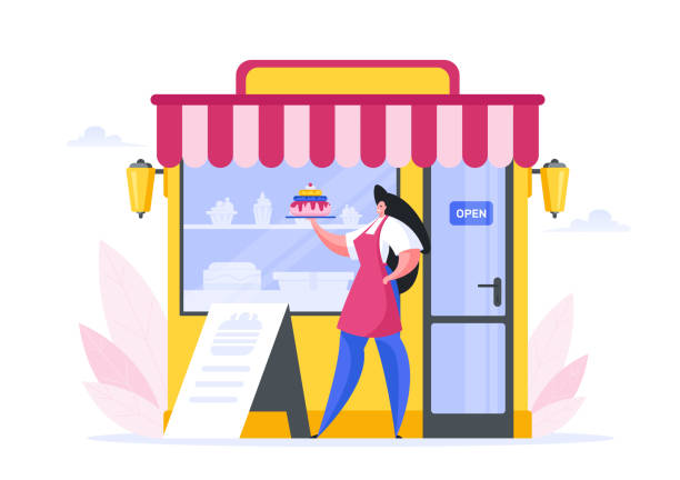 Cartoon woman with cake at entrance of pastry shop Flat style of female owner of small business of confectionery shop standing at entrance with cake welcoming clients on white background small business owner stock illustrations