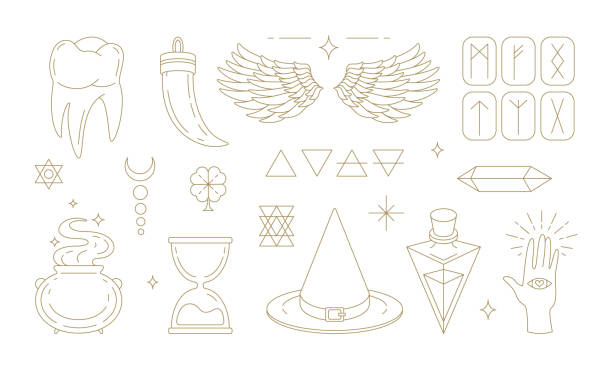 Set of various esoteric and magic symbols Set of vector illustrations of simple golden mystic symbols and icons drawn with lines for various esoteric and magic practices cauldron stock illustrations