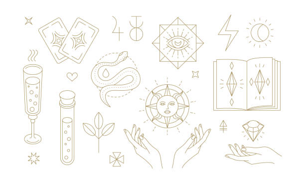 Golden outline magic symbols for esoteric practices Set of minimal vector illustrations of elegant golden mystic symbols and esoteric ornaments drawn with thin lines for magician shop alchemy illustrations stock illustrations