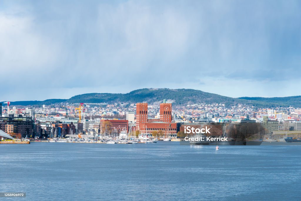 Oslo Norway - Entrance to the harbour after the Oslofjord with view to the city hall Oslo Stock Photo