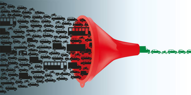 Concept of environmental protection and the regulation of car traffic through a funnel. Concept of car pollution with road traffic that by passing through a funnel, sees the disappearance of traffic jams. cycle vehicle stock illustrations
