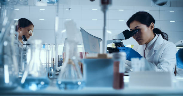 istock Genetic research laboratory. Asian female doctor using microscope, research partner in background 1255930549