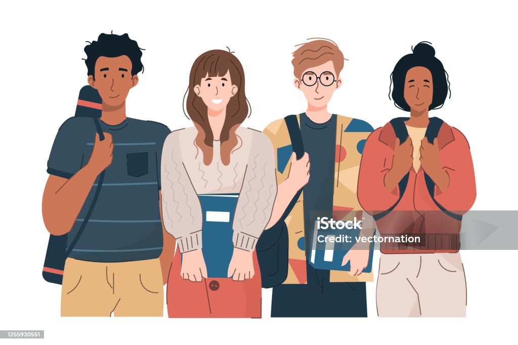 Young People With Backpacks And Books College Students In Casual Clothes  Youth Lifestyle Concept Stock Illustration - Download Image Now - iStock
