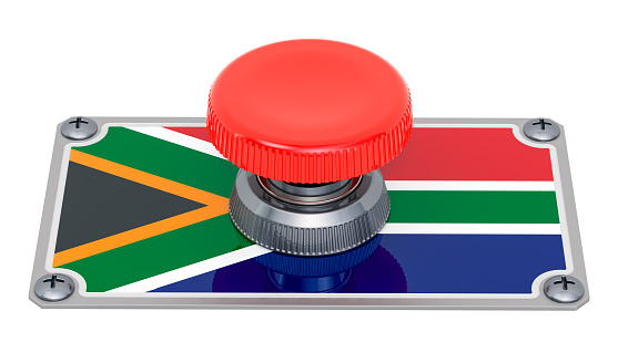 Push button with South African flag, 3D rendering isolated on white background