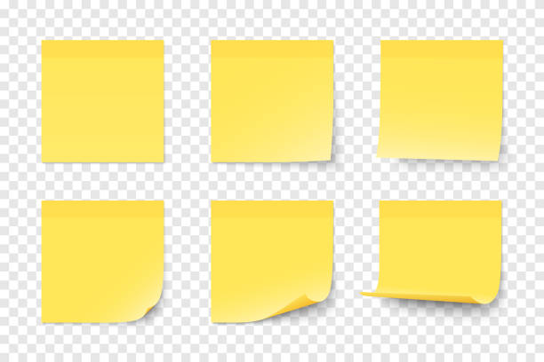 zestaw wektorowych naklejek samoprzylepnych z żółtego papieru - curled up page paper adhesive note stock illustrations