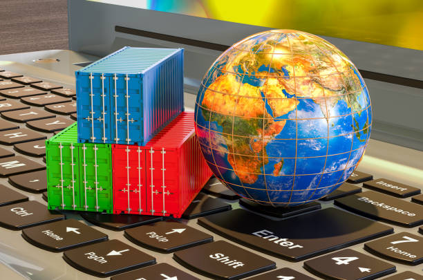 istock Global shipping concept. Cargo containers on keyboard of laptop, 3D rendering. 1255931593