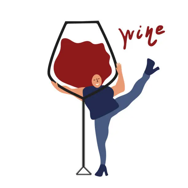 Vector illustration of Cheerful girl embraces a glass of wine. Friday and fun concept.