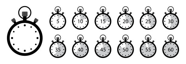 Timer icon. Set of stopwatches. Clock with stop time and arrow. Watch for speed in sport. Chronometer and countdown with interval. 5, 10,15, 20, 25, 30, 35, 40, 45, 55, min. label of deadline. Vector Timer icon. Set of stopwatches. Clock with stop time and arrow. Watch for speed in sport. Chronometer and countdown with interval. 5, 10,15, 20, 25, 30, 35, 40, 45, 55, min. label of deadline. Vector. five minutes timer stock illustrations