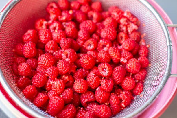 istock Red raspberry berry in a bucket. The view from the top 1255943586