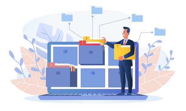 illustrazioni stock, clip art, cartoni animati e icone di tendenza di uomo d'affari che utilizza un database online - personal organizer illustrations