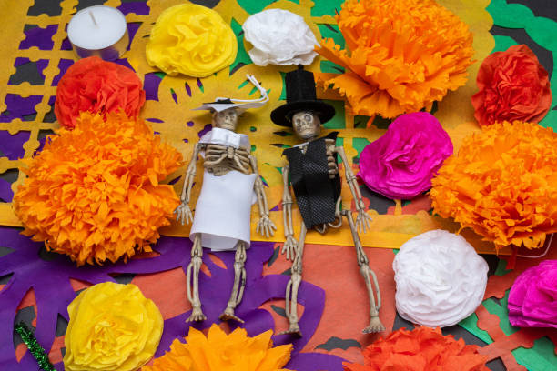 화려한 꽃과 신부와 신랑 해골 - day of the dead mexico bride human skeleton 뉴스 사진 이미지