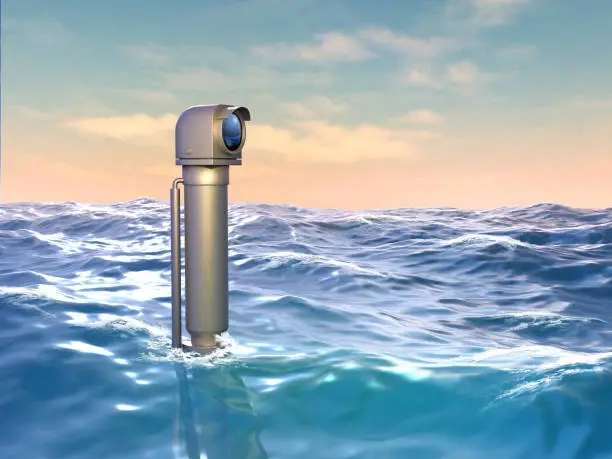 Persicope looking over a wavy water surface. 3D illustration.
