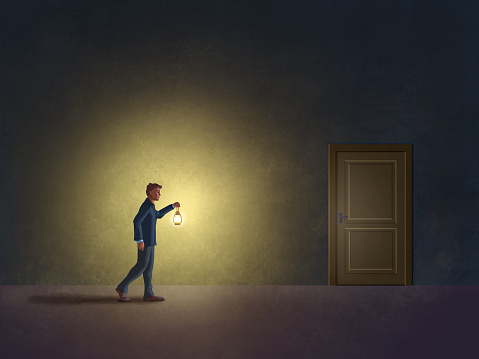 Man in the dark with a lantern, searching for an exit. Digital illustration.