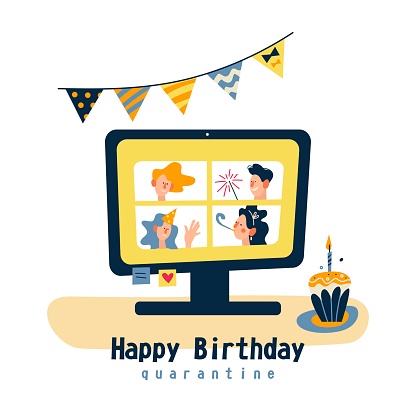 Happy birthday quarantine, online party. Self isolation. Quarantine. Friends. Color vector illustration on white background.