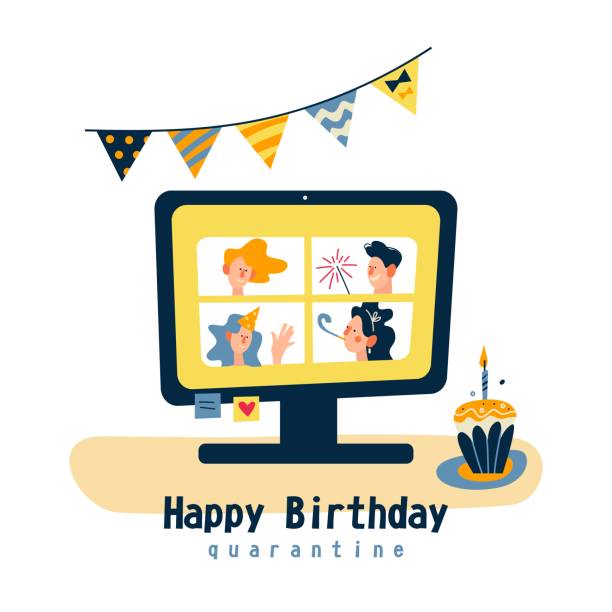 quarantine Happy birthday quarantine, online party. Self isolation. Quarantine. Friends. Color vector illustration on white background. virtual birthday celebration stock illustrations