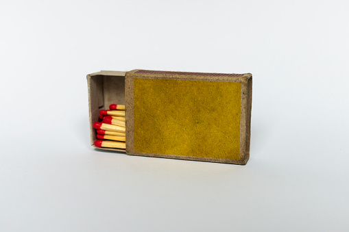 Old yellow matches box isolated on a white studio background