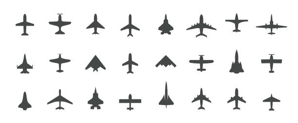 ilustrações de stock, clip art, desenhos animados e ícones de aircraft top view icon set. set of black silhouette airplanes, jets, airliners and retro planes icons. isolated vector logos template on white background. - airplane