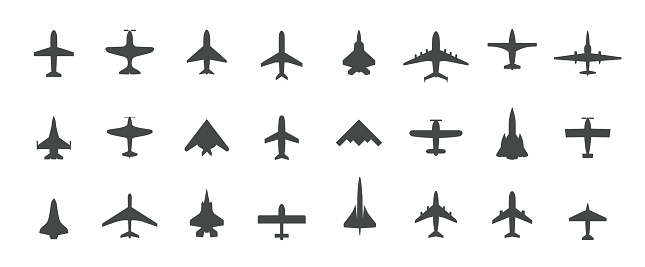 Aircraft top view icon set. Set of black silhouette airplanes, jets, airliners and retro planes icons. Isolated vector logos template on white background