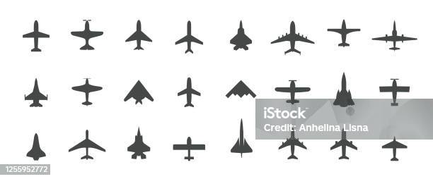 Aircraft Top View Icon Set Set Of Black Silhouette Airplanes Jets Airliners And Retro Planes Icons Isolated Vector Logos Template On White Background Stock Illustration - Download Image Now