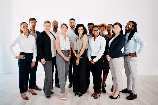 Studio portrait of a group of businesspeople standing together against a white background