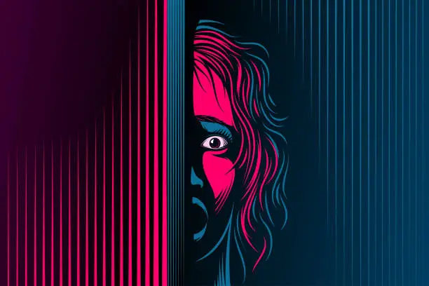 Vector illustration of Woman with the open mouth, eyes. The emotion of fear, scared on face. The girl is in shock, dumbfounded, stupor, speechless. Victim of the domestic violence, abuse.