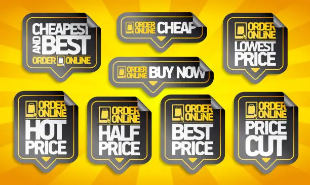 Vector illustration of Order online price tags stickers set - cheapest and best, buy now, price cut and lowest price