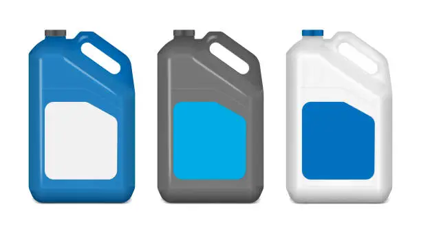 Vector illustration of Plastic canister with white blank label, mockup. Jerry can, mock-up. Blue, black, white colors. Large bottle with handle and screw cap. Vector template