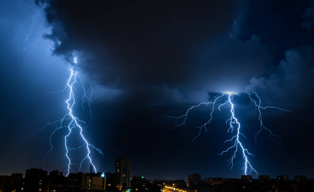 istock Bright double flash of powerful lightning in the city at nighttime. 1255962144