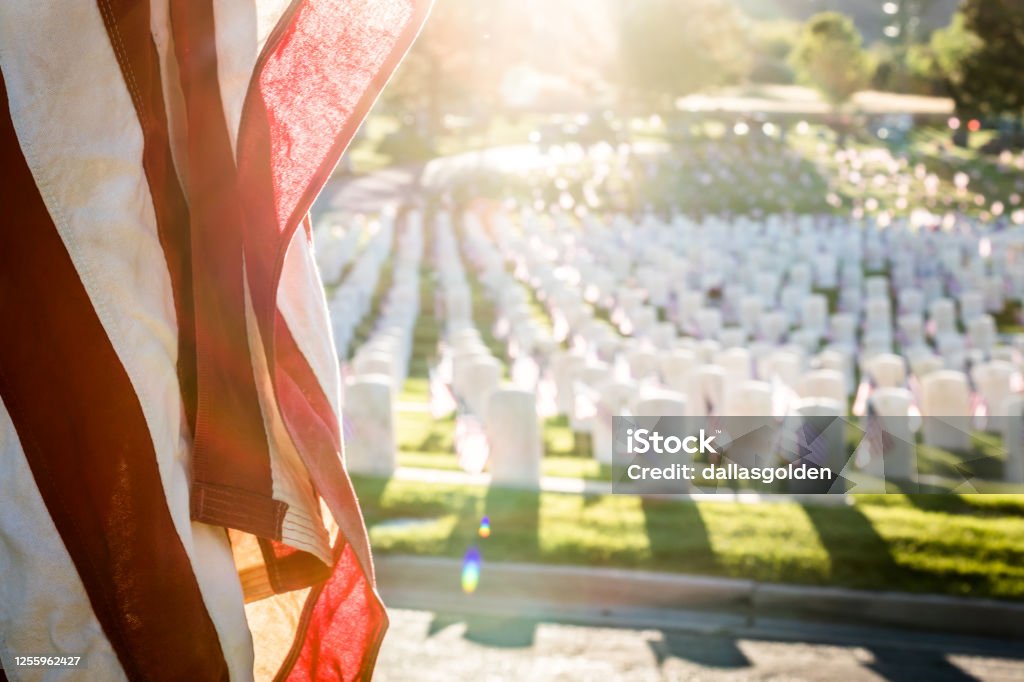 Military Headstones Decorated with Flags for Memorial Day Arlington National Cemetery Stock Photo