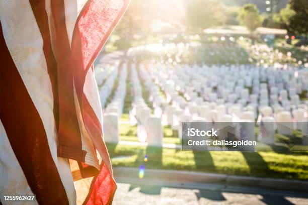 Military Headstones Decorated With Flags For Memorial Day Stock Photo - Download Image Now