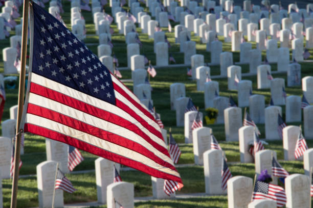 istock Military Headstones Decorated with Flags for Memorial Day 1255962451