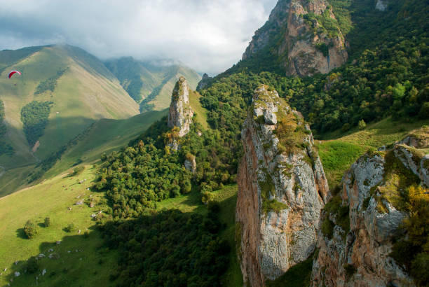 Panorama of the Chegem gorge. Observed from the height of the paraglider flight stock photo