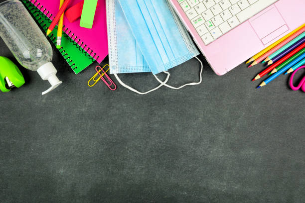 istock School supplies and coronavirus prevention top border on a chalkboard background 1255963336