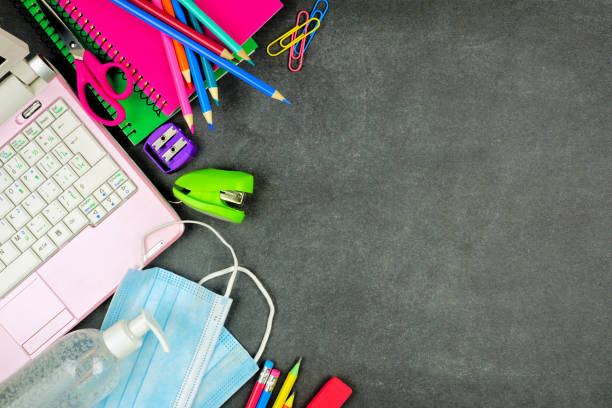 istock School supplies and coronavirus prevention side border on a chalkboard background 1255964400
