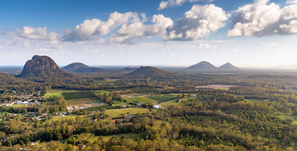 Beautiful view from mount Ngungun Summit, Glass House Mountains National Park Queensland, Australia. Beautiful view from mount Ngungun Summit, Glass House Mountains National Park, Sunshine Coast, Queensland, Australia. Long banner. sunshine coast australia stock pictures, royalty-free photos & images