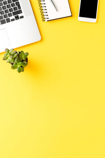 istock Business background with laptop and accessories. Office desktop. Top view 1255965337