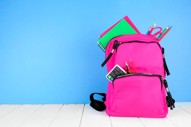 istock Pink backpack full of school supplies against a blue background with copy space 1255965363