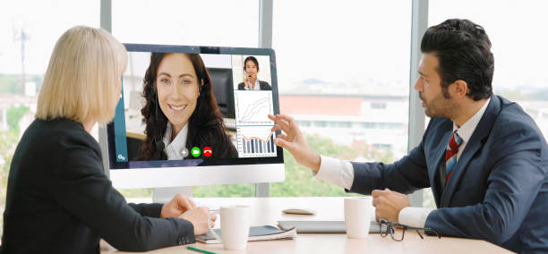 istock Video call group business people meeting on virtual workplace or remote office 1255966788